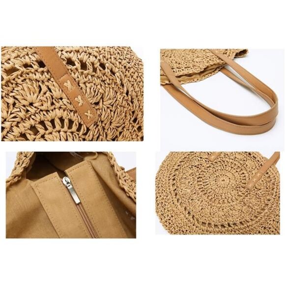 Khaki Straw Bag Round Summer Straw Large Woven Beach Bag Purse For Women - Picture 7 of 7
